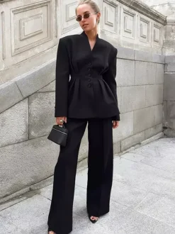 Hourglass Blazer Set For Office Lady - Black Modern Pleated Cinched Waist Tailoring - 2026 Spring Workwear Suit