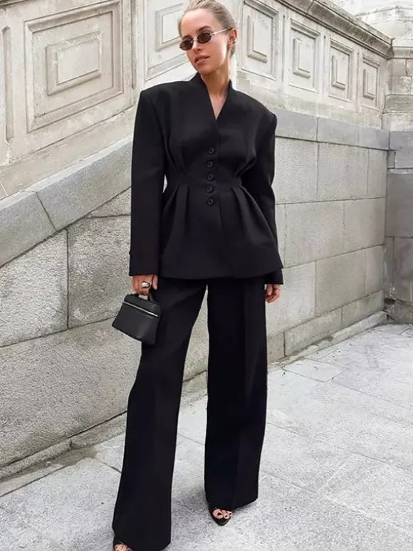 Hourglass Blazer Set For Office Lady - Black Modern Pleated Cinched Waist Tailoring - 2026 Spring Workwear Suit