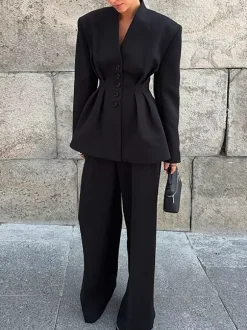 Hourglass Blazer Set For Office Lady - Black Modern Pleated Cinched Waist Tailoring - 2026 Spring Workwear Suit