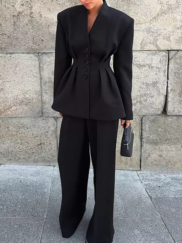Hourglass Blazer Set For Office Lady - Black Modern Pleated Cinched Waist Tailoring - 2026 Spring Workwear Suit