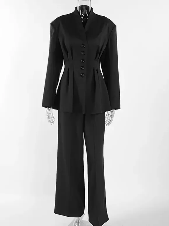Hourglass Blazer Set For Office Lady - Black Modern Pleated Cinched Waist Tailoring - 2026 Spring Workwear Suit