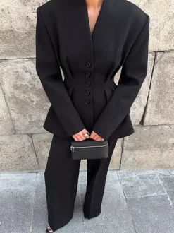 Hourglass Blazer Set For Office Lady - Black Modern Pleated Cinched Waist Tailoring - 2026 Spring Workwear Suit