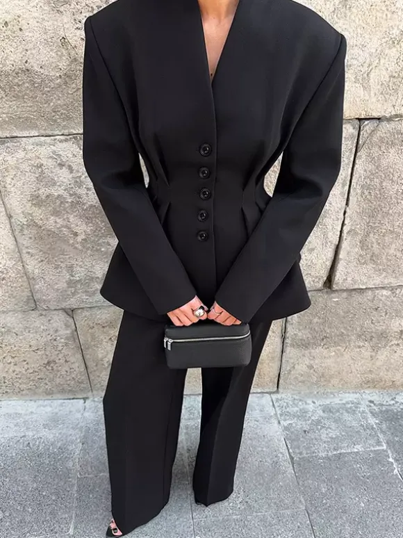 Hourglass Blazer Set For Office Lady - Black Modern Pleated Cinched Waist Tailoring - 2026 Spring Workwear Suit