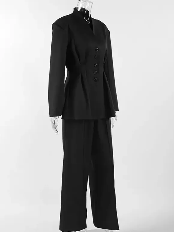 Hourglass Blazer Set For Office Lady - Black Modern Pleated Cinched Waist Tailoring - 2026 Spring Workwear Suit