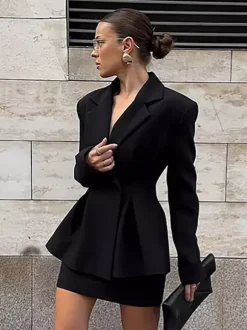 Hourglass Blazer Set For Women - Black Old Money Peplum Suit With Mini Skirt - 2026 Spring Work Event Outfit