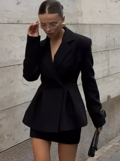 Hourglass Blazer Set For Women - Black Old Money Peplum Suit With Mini Skirt - 2026 Spring Work Event Outfit