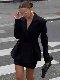 Hourglass Blazer Set For Women - Black Old Money Peplum Suit With Mini Skirt - 2026 Spring Work Event Outfit