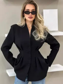 Hourglass Tailored Women's Black Blazer - Structured Shoulder Single-breasted Cinched Jacket - Corporate Core Casual Workwear Outer 2026