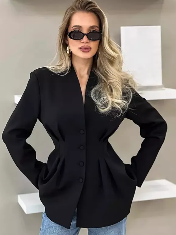 Hourglass Tailored Women's Black Blazer - Structured Shoulder Single-breasted Cinched Jacket - Corporate Core Casual Workwear Outer 2026