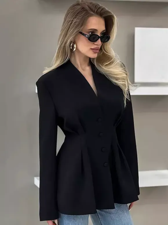 Hourglass Tailored Women's Black Blazer - Structured Shoulder Single-breasted Cinched Jacket - Corporate Core Casual Workwear Outer 2026