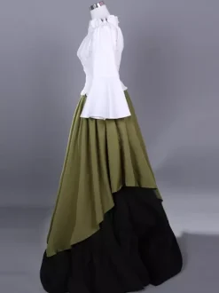 Hunter Green Retro Costumes Women's Color Block Pleated Ruffles Polyester Set Top Skirt Marie Antoinette Costume Retro Vintage Clothing