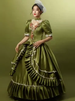 Hunter Green Retro Tudor Dress Costumes Ruffles Polyester Hat Women's Marie Antoinette Costume Retro Party Prom Dress