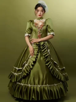 Hunter Green Retro Tudor Dress Costumes Ruffles Polyester Hat Women's Marie Antoinette Costume Retro Party Prom Dress