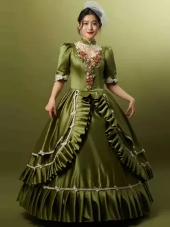 Hunter Green Retro Tudor Dress Costumes Ruffles Polyester Hat Women's Marie Antoinette Costume Retro Party Prom Dress