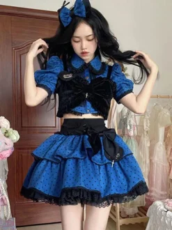 Idol clothes Lolita Outfits Blue Ruffles Polka Dot Short Sleeves Top Skirt Adjustable Elastic