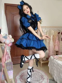 Idol clothes Lolita Outfits Blue Ruffles Polka Dot Short Sleeves Top Skirt Adjustable Elastic