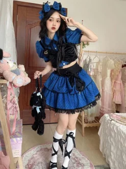 Idol clothes Lolita Outfits Blue Ruffles Polka Dot Short Sleeves Top Skirt Adjustable Elastic