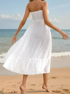 2-in-1 Beach Cover Up Dress For Women - White Smocked Maxi Skirt Side Slit Flowy Sundress - Summer Beach Vacation 2026
