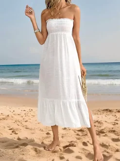 2-in-1 Beach Cover Up Dress For Women - White Smocked Maxi Skirt Side Slit Flowy Sundress - Summer Beach Vacation 2026
