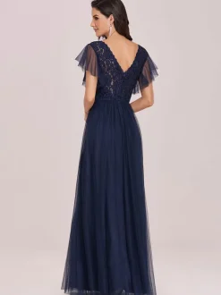 Ink Blue Evening Dress 2026 A-Line V-Neck Tulle Short Sleeves Backless Floor-Length Pageant Dresses Wedding Guest Dresses Free Customization