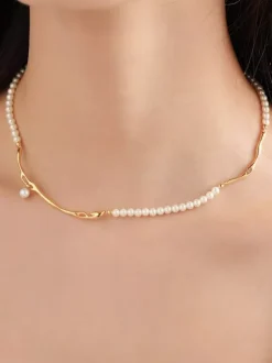 Irregular Twisted Gold Chain Tiny Pearl Pendant Choker Adjustable Extension Neck Jewelry