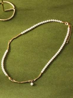Irregular Twisted Gold Chain Tiny Pearl Pendant Choker Adjustable Extension Neck Jewelry