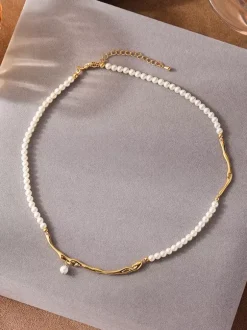Irregular Twisted Gold Chain Tiny Pearl Pendant Choker Adjustable Extension Neck Jewelry