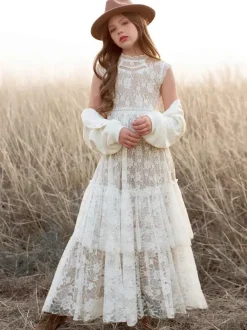 Ivory Boho Lace Flower Girl Dress Jewel Neck Sleeveless Girl Birthday Dress