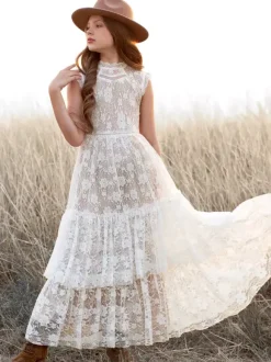 Ivory Boho Lace Flower Girl Dress Jewel Neck Sleeveless Girl Birthday Dress