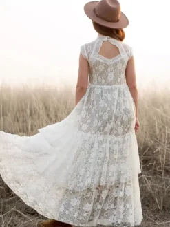 Ivory Boho Lace Flower Girl Dress Jewel Neck Sleeveless Girl Birthday Dress