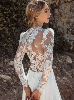 Ivory Boho Wedding Dress Chiffon A-Line With Train Wedding Dress Functional Buttons Long Sleeves V-Neck
