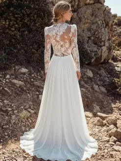 Ivory Boho Wedding Dress Chiffon A-Line With Train Wedding Dress Functional Buttons Long Sleeves V-Neck