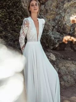 Ivory Boho Wedding Dress Chiffon A-Line With Train Wedding Dress Functional Buttons Long Sleeves V-Neck