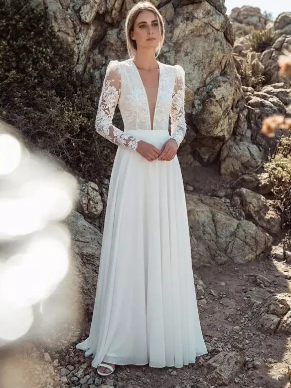 Ivory Boho Wedding Dress Chiffon A-Line With Train Wedding Dress Functional Buttons Long Sleeves V-Neck