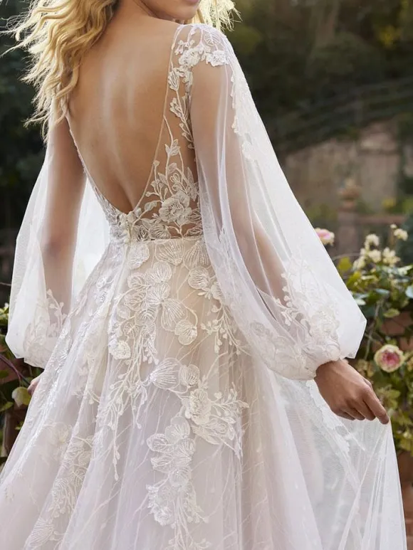 Ivory Boho Wedding Dress With Train A-Line Long Sleeves V-Neck Backless Lace Bridal Gowns Free Customization