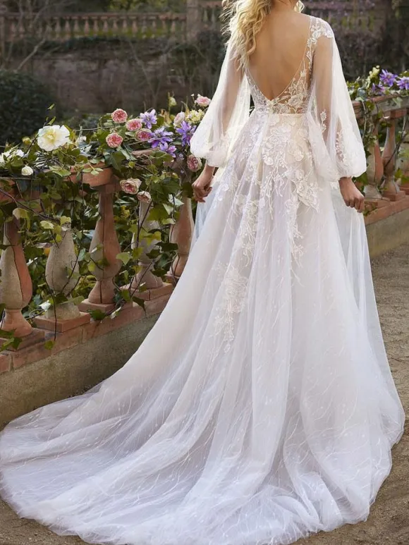 Ivory Boho Wedding Dress With Train A-Line Long Sleeves V-Neck Backless Lace Bridal Gowns Free Customization