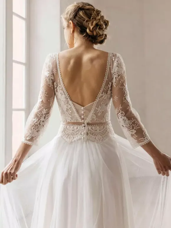 Ivory Boho Wedding Dress Lace A-Line With Train Long Sleeves V-Neck Bridal Dress Free Customization