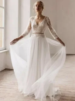 Ivory Boho Wedding Dress Lace A-Line With Train Long Sleeves V-Neck Bridal Dress Free Customization
