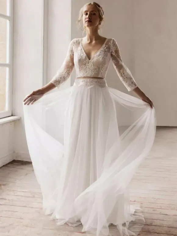 Ivory Boho Wedding Dress Lace A-Line With Train Long Sleeves V-Neck Bridal Dress Free Customization