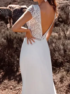 Ivory Boho Wedding Dress Lace A-Line With Train Backless Short Sleeves V-Neck Bridal Dresses Free Customization