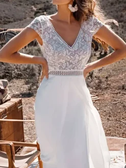 Ivory Boho Wedding Dress Lace A-Line With Train Backless Short Sleeves V-Neck Bridal Dresses Free Customization