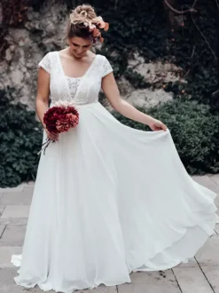 Ivory Boho Wedding Dress Lace A-Line Backless Short Sleeves V-Neck Bridal Dress With Train Free Customization