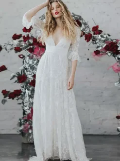 Ivory Boho Wedding Dress Lace A-Line With Train Backless Half Sleeves V-Neck Bridal Dresses Free Customization