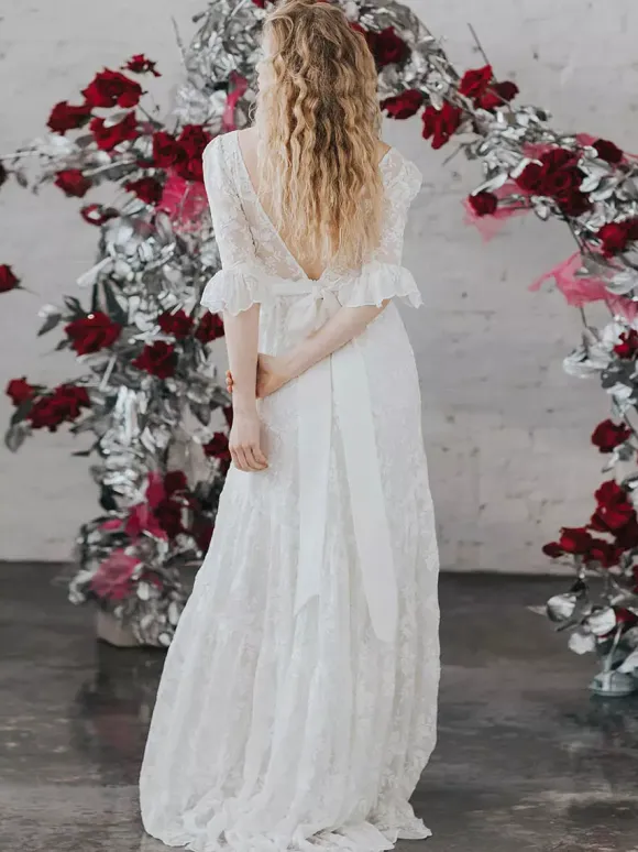 Ivory Boho Wedding Dress Lace A-Line With Train Backless Half Sleeves V-Neck Bridal Dresses Free Customization