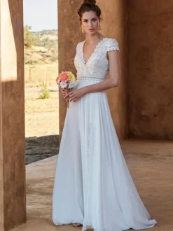 Ivory Boho Wedding Dress Lace Split Front A-Line Backless Short Sleeves V-Neck Bridal Dress With Train Free Customization