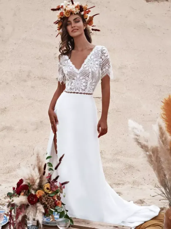 Ivory Boho Wedding Dress Lace A-Line With Train Backless Short Sleeves V-Neck Bridal Dresses Free Customization