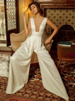 Ivory Bridal Jumpsuit 2026 Floor-Length A-Line V-Neck Sleeveless Wedding Jumpsuit Free Customization