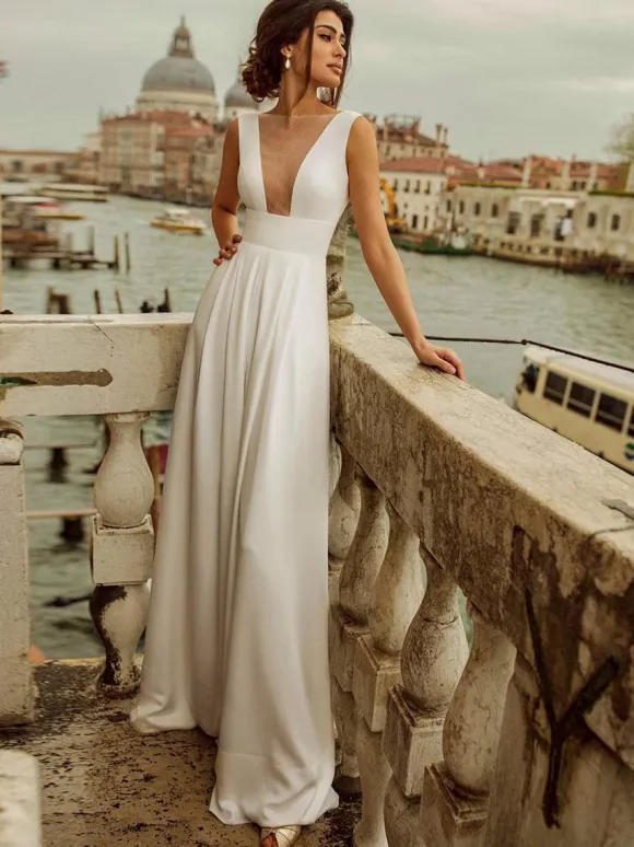 Ivory Bridal Jumpsuit 2026 Floor-Length A-Line V-Neck Sleeveless Wedding Jumpsuit Free Customization