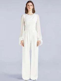 Ivory Bridal Jumpsuit 2026 Pockets Floor-Length A-Line Jewel Neck Long Sleeves Wedding Jumpsuit Free Customization