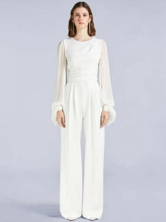 Ivory Bridal Jumpsuit 2026 Pockets Floor-Length A-Line Jewel Neck Long Sleeves Wedding Jumpsuit Free Customization